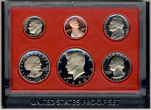 Набор от монети в купюри от 5 монети на 1980-те години в Оригиналната Правителствена опаковка Proof