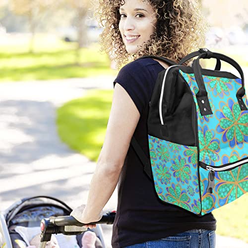 Чанта за Памперси Бриллиантово-Зелен Син Раница С Цветя Модел с Голям Капацитет За Пътуване