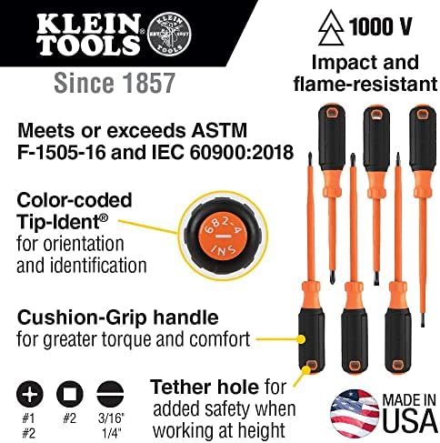 Комплект отвертки Klein Tools 85076INS с изолация включва отвертка за 1000,, (3) кръстовидни и (2) с прорези и квадратни