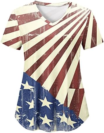 Дамска Блуза с Флага на САЩ 4 Юли, Лятна Тениска с Къс ръкав и V-образно деколте, 2 Джоба, Блузи, Празнична Ежедневни
