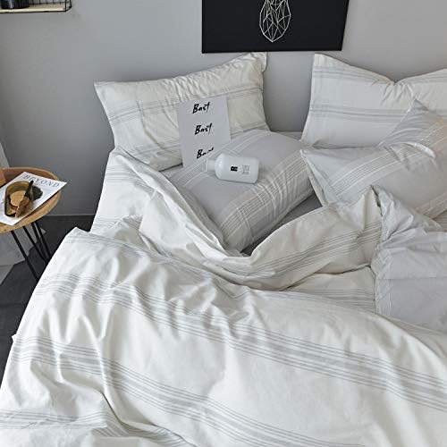 Набор от пододеяльников OREISE King Size от памук, Бяло/светло-сиво райе с принтом, Обръщане на Дизайн, комплект спално