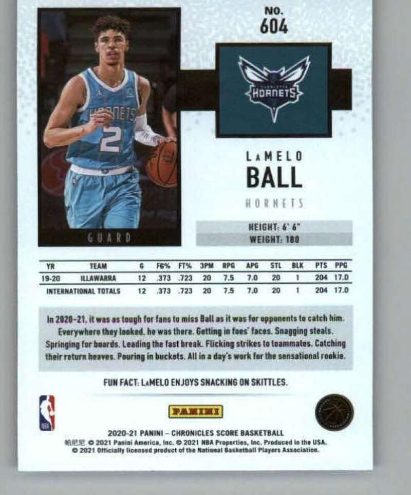 2020-21 Панини Хрониките #604 LaMelo Топка RC Нов Шарлот Хорнетс Баскетболно Търговска картичка НБА