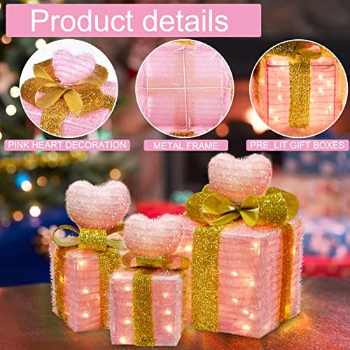 Коледни подаръчни кутии с подсветка Pink Декор и орнаменти във формата на розово сърце - захранван От батерии, с