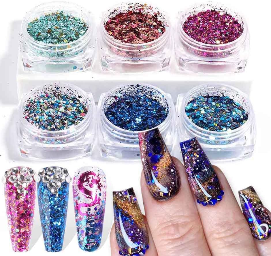 6 Кутии Холографски Блестящ Прах за дизайн на ноктите, Блестящи Лазерни Блясък за Нокти, Блестящи Люспи с Метален Блясък,