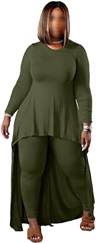 TXUKK Плюс Размер за жени, Комплекти от две части, Зелени върхове Макси с кръгло деколте и дълъг ръкав с Неправилна форма, Стегнати Панталони, Градинска облекло (Цвят: ?