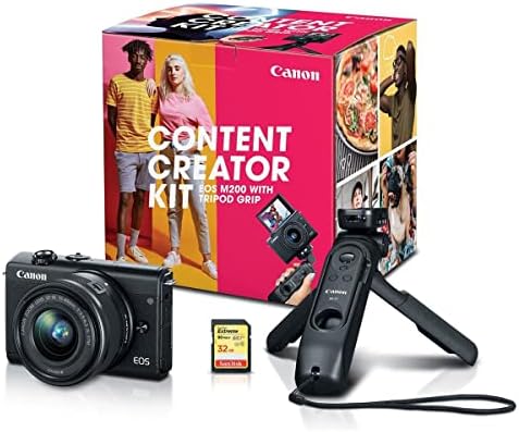 Комплект за създаване на съдържание Canon EOS M200 със статив /дистанционно управление и обектив EF-M 15-45 мм f / 3.5-6.3 is STM, черен - в комплект с футляром за фотоапарат, карта SDHC ?