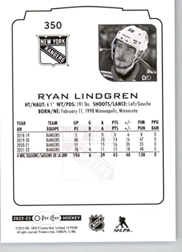 Хокейна карта НХЛ О-Пи-Чи 2022-23 #350 Райън Линдгрен Ню Йорк Рейнджърс