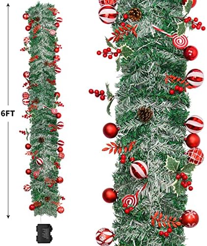 Традиционната Червено-Бяла Коледна Гирлянда с дължина 6 метра, с Осветление и 24-инчов Коледен Венец с Подсветка, Празнична