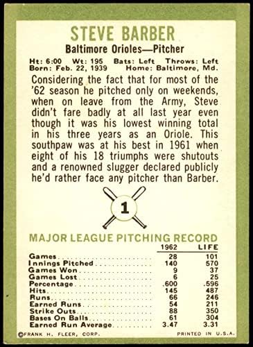 1963 Fleur # 1 Стив Барбър Балтимор Ориълс (Бейзболна картичка) EX/MT Orioles