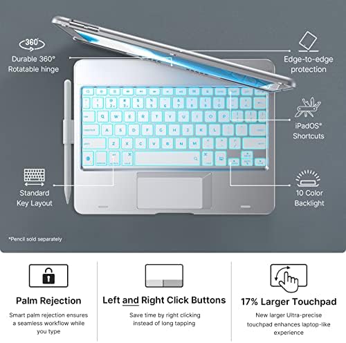 калъф typecase Touch за iPad 9-то поколение с клавиатура (10,2 инча, 2021), мультисенсорным трекпадом, 10-цветна подсветка,