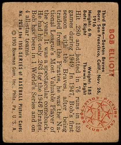 1950 Боуман 20 Боб Елиът Бостън Брейвз (Бейзболна картичка) СПРАВЕДЛИВИ Брейвз