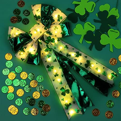 ANVAVO Деня на Св. Патрик LED Бронз Златен Венец с Лък Ирландски Зелена Детелина Лък Детелина Лък От Панделки за
