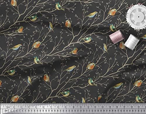 Плат Soimoi от черно futon поплин с щампи на листа и цветни птици ширина 58 см