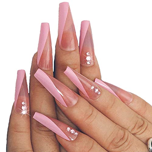 Acedre Press on Nails Дълги Розови Режийни ноктите с кристали, Акрилни нокти в стил Балерина, Гланцово Пълно покритие,