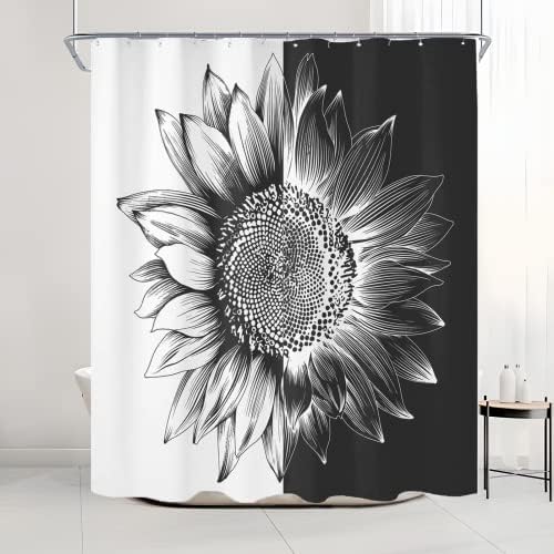 Черно-Бяла Декорация на Тъканта Завеса за Душ за Баня, Абстрактни Цветя Слънчоглед, Ботанически Завеси За