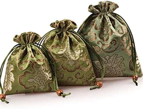 Лот от 6 подарък пакет премиум-клас с завязками, сатен, торбичка за бижута, платнена торбичка за подарък за сватба (малък x 6, зелен)
