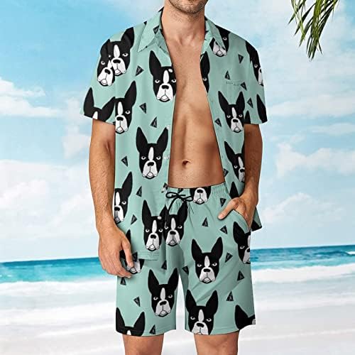 Мъжки плажни дрехи WEEDKEYCAT Boston Terriers, Хавайска Риза с копчета от 2 теми, Комплекти с Къс ръкав и Къси панталонки