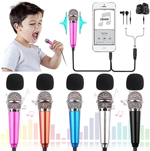 Мини микрофон от 5 части една Малка микрофон, Mini Микрофон за запис на глас и пеене на телефони iPhone, Android или таблети, Метален, с кабел с дължина 113 см, вход 3,5 мм (Розово-?