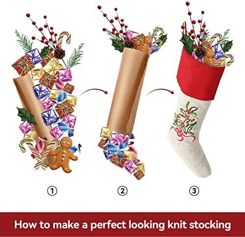 Коледни Чорапи, Опаковки от 4 Уникални Смеси от Естествен Лен, Класически Големи Коледни Чорапи с Цветна Бродерия за Декорация на Празник на Цялото семейство