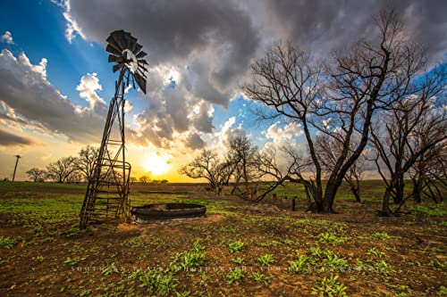 Снимка в стил Кънтри, Принт (без рамка), Изображението на Вятърна мелница и Обгорени дървета по залез слънце на пролетта вечер във ферма в Канзас, Стенно изкуство, Де