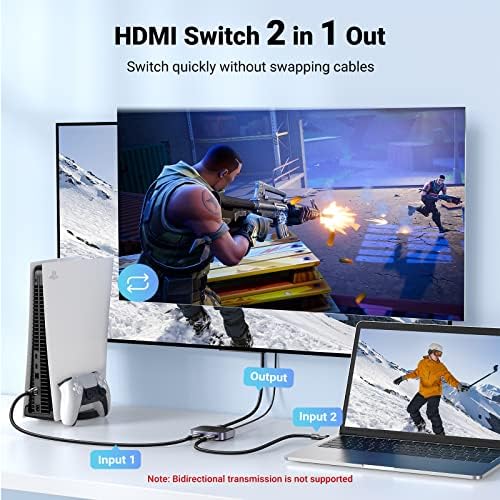 UGREEN HDMI 2.1 Комутатор Ultra HD 8K @ 60Hz HDMI Сплитер 2 в 1 Изход Поддържа 4K при 120 Hz 1080P @ 240 Hz, 3D, HDR Dolby AC Високоскоростен 48 gbps HDMI комутатор е Съвместим с PS4/PS5 Fire Stick за Xbox Roku Apple TV