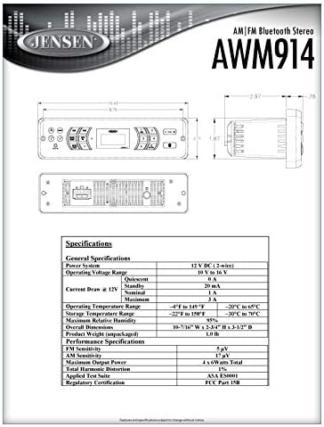 Мобилна аудио система Jensen AWM914, Изходна мощност 4 x 6 W на канал, Елементи за управление и дисплей с осветление,