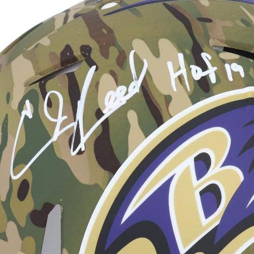 Автентичен каска Ед Рийд Балтимор Рейвънс Riddell CAMO Alternate Speed с автограф Ридделла и надпис HOF 19 - Каски NFL с автограф