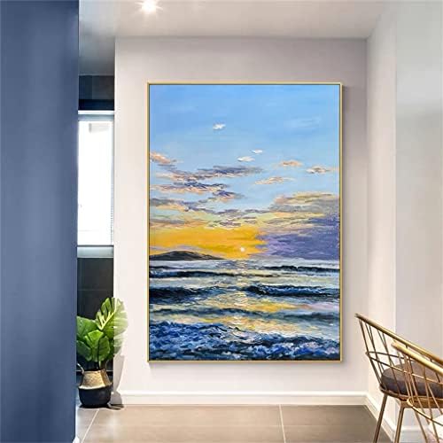 HOUKAI Ръчно рисувани Прост Океански Пейзаж Изгрева на Слънцето Красива Картина с маслени бои върху платно Начало Декор (Цвят: D, Размер: 70x100 см, Без рамка)