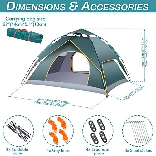 Instant Изскачащи палатки за къмпинг Непромокаеми Ветроупорен палатки за къмпинг 2-3 човека, 2 в 1, Семейна палатка с навес