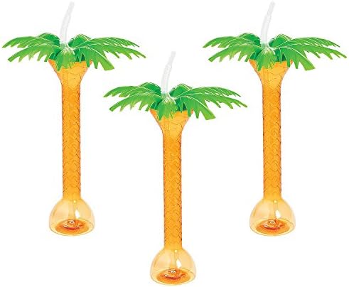Пластмасови Двор чашите от палмово дърво с соломинками и капак - Комплект от 6 чаши, всеки с капацитет 16 грама - Аксесоари за партита Tiki Topical Luau