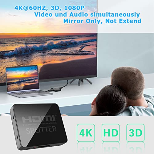 Hdmi Сплитер 4K @ 60Hz, JEQ Hdmi Сплитер 1 в 2 изхода за два монитора Дубликат /Огледален, Dual Hdmi адаптер за 2 монитора Подкрепа HDCP2.2, 18,5 Gbit/s, автоматично мащабиране, Full HD 1080P 3D с ка?
