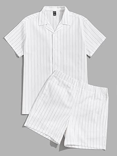 OSHHO Комплект дрехи от две части за мъже, Мъжка риза райе с принтом и Шорти (Цвят: бял, Размер: X-Large)