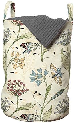 Ботаническата Чанта за дрехи Ambesonne, Пеперуда от горски насекоми и цветове, с Цъфтящи Пастелни Билки, Кошница