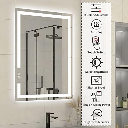 BuLife 32X24 Инчов Led Огледало за баня, 3 цвята, с регулируема яркост, Стенно Огледало за грим с ефект на паметта с подсветка и сензорен прекъсвач срещу замъгляване (с осве?