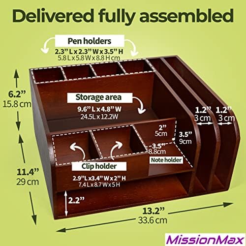 Настолен органайзер MissionMax от кафяв бамбук с прикрепена към него вертикални притежатели на файлове. Напълно сглобени