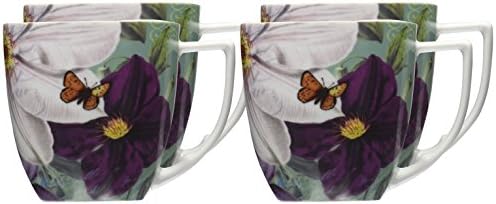 Кафеена чаша с цвете клематис - Скъпа порцеланова чаша - Waechtersbach Импресии Collection – един Незабравим подарък на кафе любовник (12 унции) (Комплект от 4 броя)