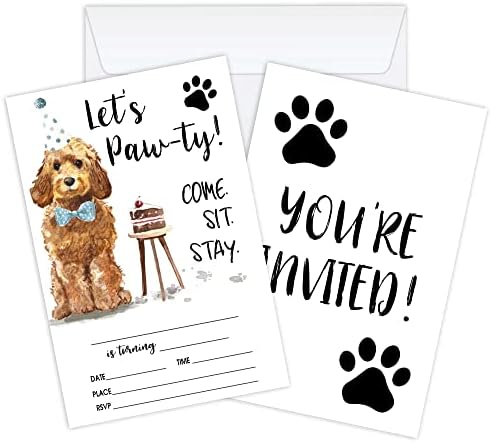 УАУН, нека Бавно! Покани за Рожден Ден с 20 Кучета в Пликове, пощенски Картички със синя папийонка за домашни любимци, Покани,