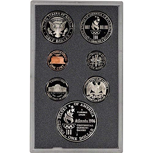 Набор от Prestige Proof от Монетния двор на САЩ през 1996 г. от 7 теми с олимпийски сребро на стойност 1 долар и една
