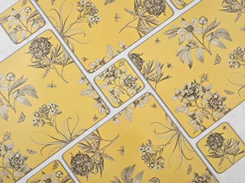 Салфетки Pimpernel Sanderson Etchings & Roses Yellow Collection | Комплект от 4-те | Топлоустойчива подложка | Дъска с корк подложка | Набор от твърди салфетки за маса за хранене | Размери 15,7 x 1